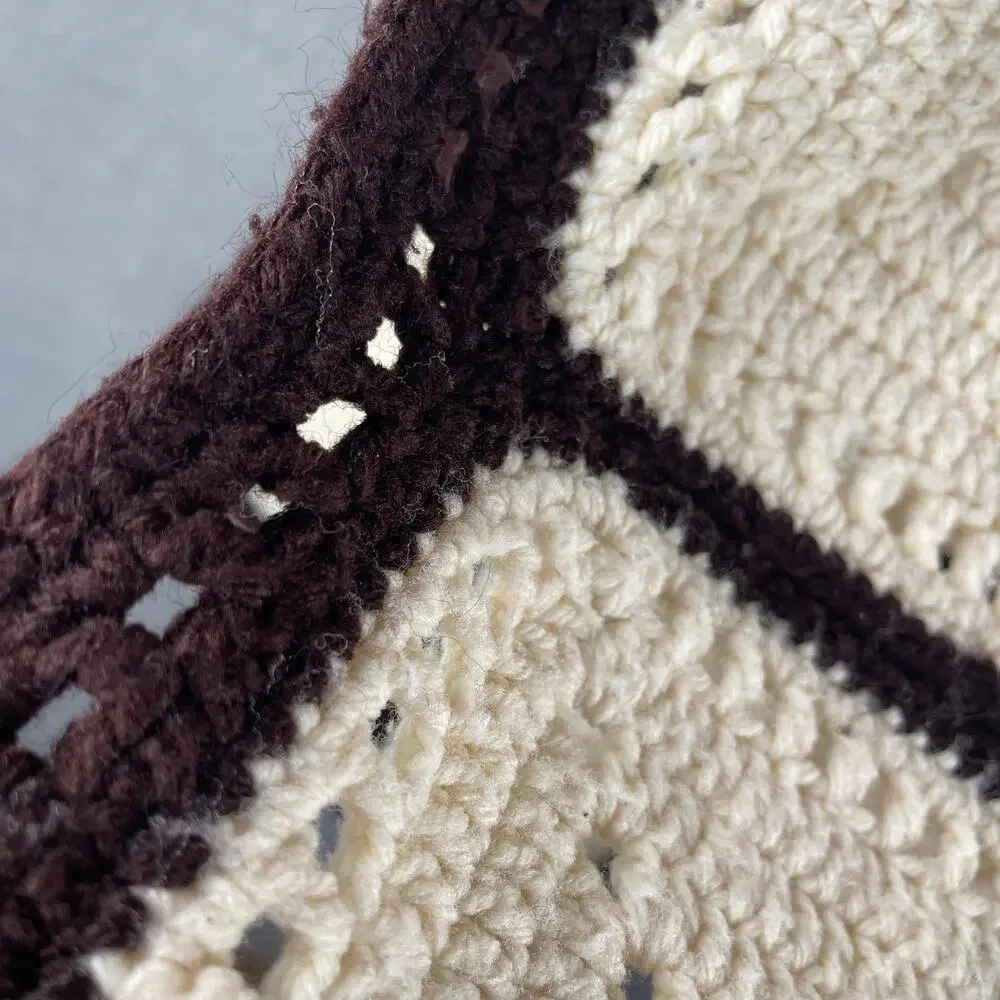 Vintage Handmade Crochet Afghan Throw 12 Panels Cream Brown Trim 47 x 65”